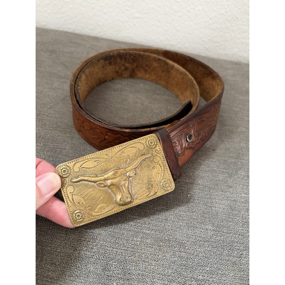 Vintage Western Leather Belt Longhorn Steer Solid Brass Buckle Brown USA Size 38